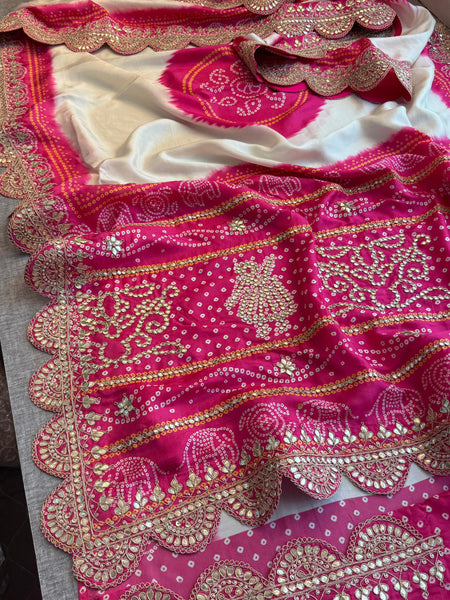 Ivory and Rani Pink Pure Munga Silk Saree with Handcrafted Gota Patti Embroidery
