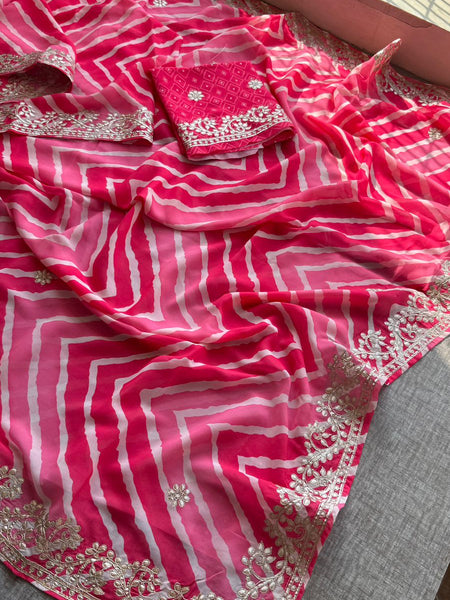 Hot Pink and Rose Crepe Silk Leheriya Saree with Machine Gota Patti Embroidery
