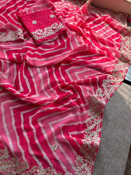 Hot Pink and Rose Crepe Silk Leheriya Saree with Machine Gota Patti Embroidery