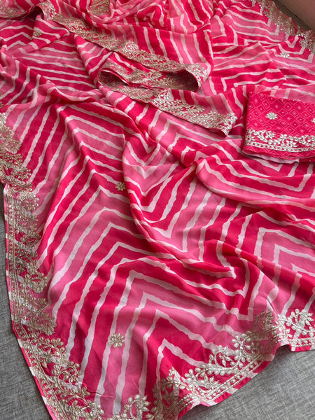 Hot Pink and Rose Crepe Silk Leheriya Saree with Machine Gota Patti Embroidery