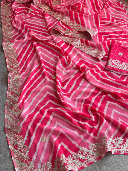 Hot Pink and Rose Crepe Silk Leheriya Saree with Machine Gota Patti Embroidery