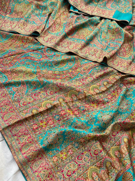 Turquoise Pure Kani Crepe Silk Saree with Banarasi Weaving Zari and Multithread Detailing