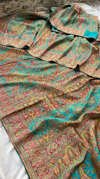 Turquoise Pure Kani Crepe Silk Saree with Banarasi Weaving Zari and Multithread Detailing