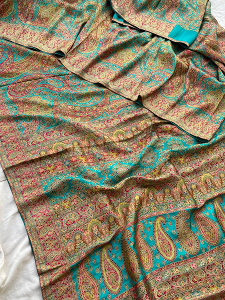 Turquoise Pure Kani Crepe Silk Saree with Banarasi Weaving Zari and Multithread Detailing