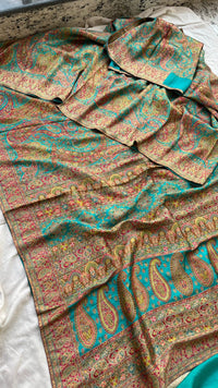 Turquoise Pure Kani Crepe Silk Saree with Banarasi Weaving Zari and Multithread Detailing