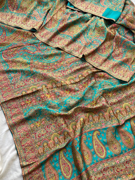 Turquoise Pure Kani Crepe Silk Saree with Banarasi Weaving Zari and Multithread Detailing
