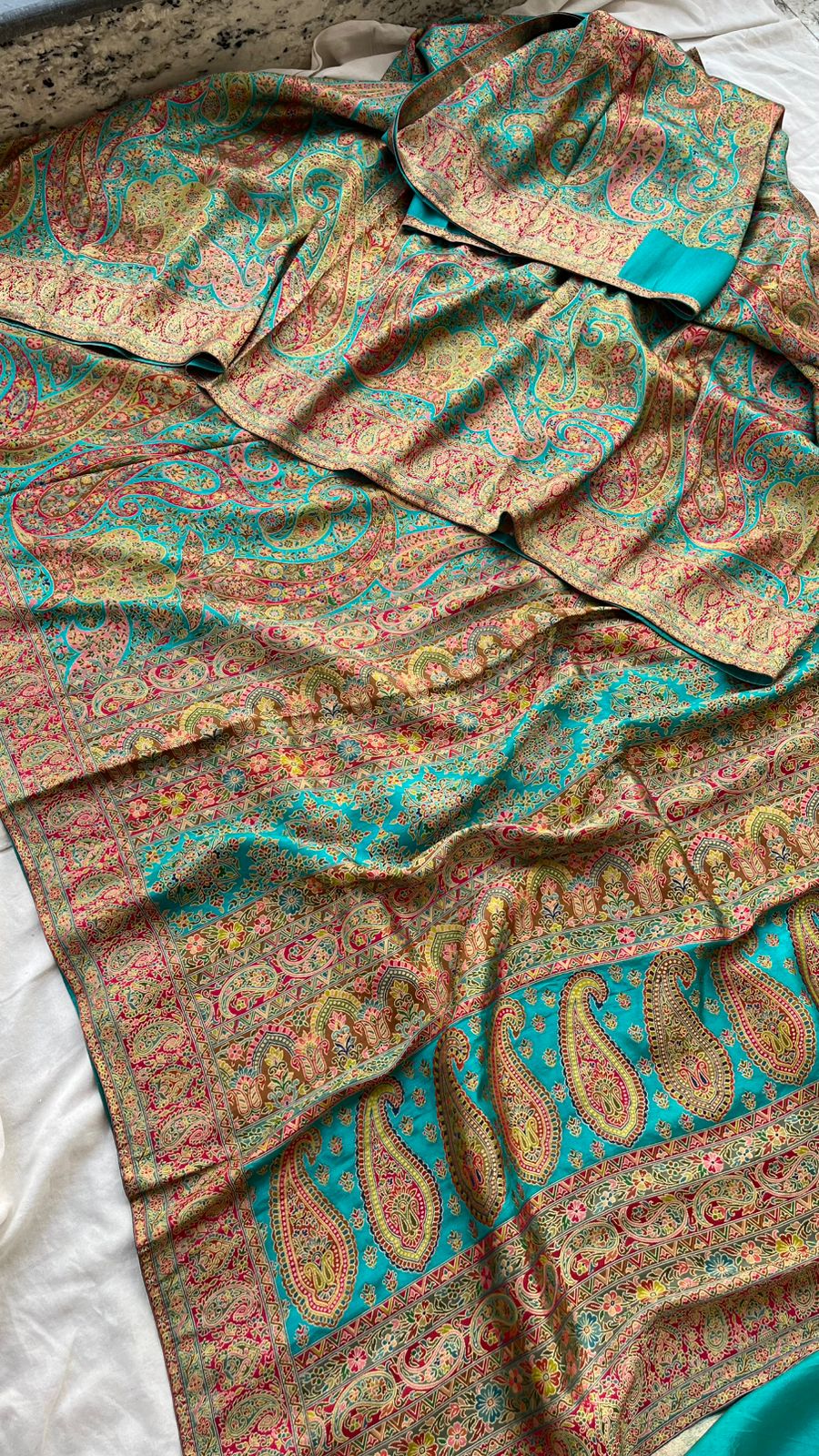 Turquoise Pure Kani Crepe Silk Saree with Banarasi Weaving Zari and Multithread Detailing
