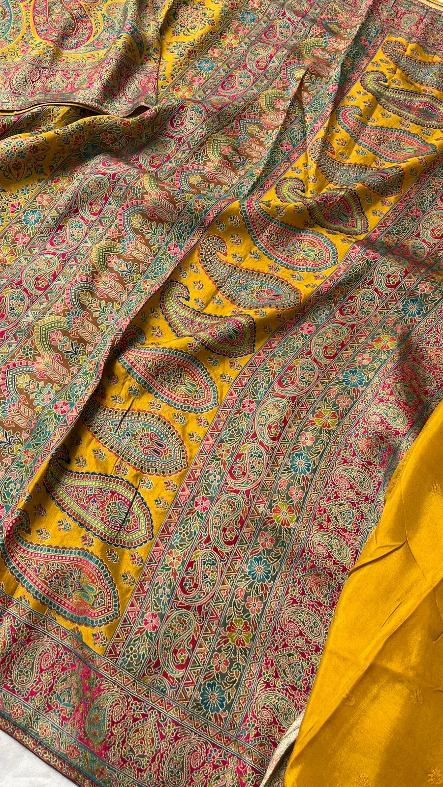 Golden Mustard Kani Crepe Silk Saree with Banarasi Weaving Zari and Multithread Detailing