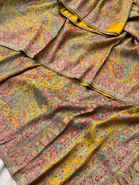 Golden Mustard Kani Crepe Silk Saree with Banarasi Weaving Zari and Multithread Detailing