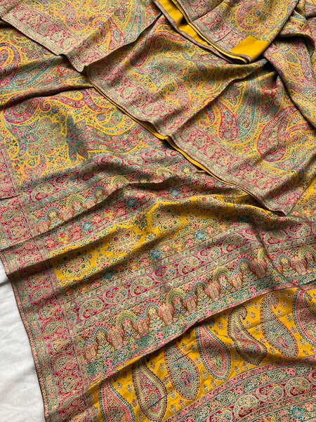 Golden Mustard Kani Crepe Silk Saree with Banarasi Weaving Zari and Multithread Detailing