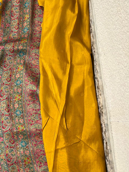 Golden Mustard Kani Crepe Silk Saree with Banarasi Weaving Zari and Multithread Detailing