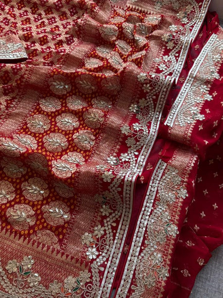 Crimson Red Pure Khaddi Georgette Banarasi Saree with Handcrafted Zardozi Gotapatti Pearl and Sequin Embroidery