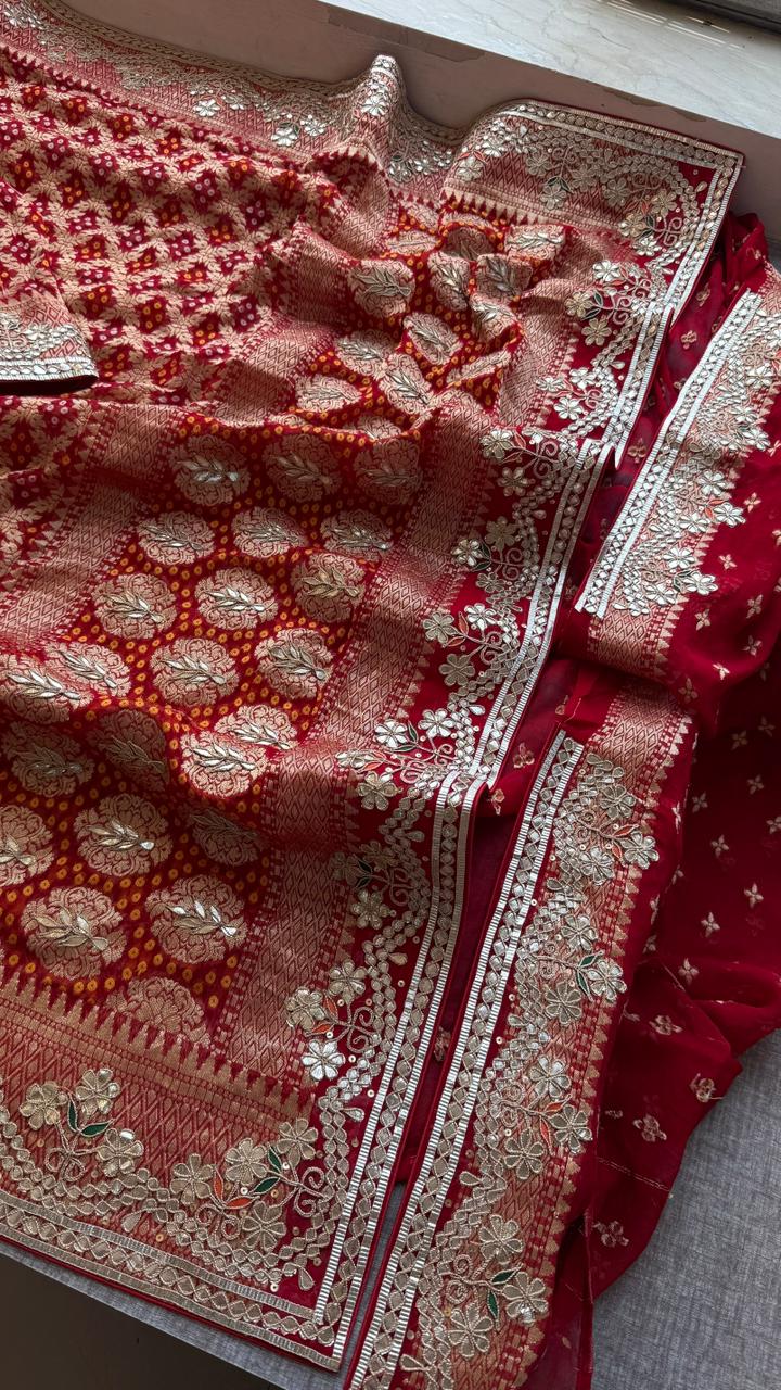 Crimson Red Pure Khaddi Georgette Banarasi Saree with Handcrafted Zardozi Gotapatti Pearl and Sequin Embroidery