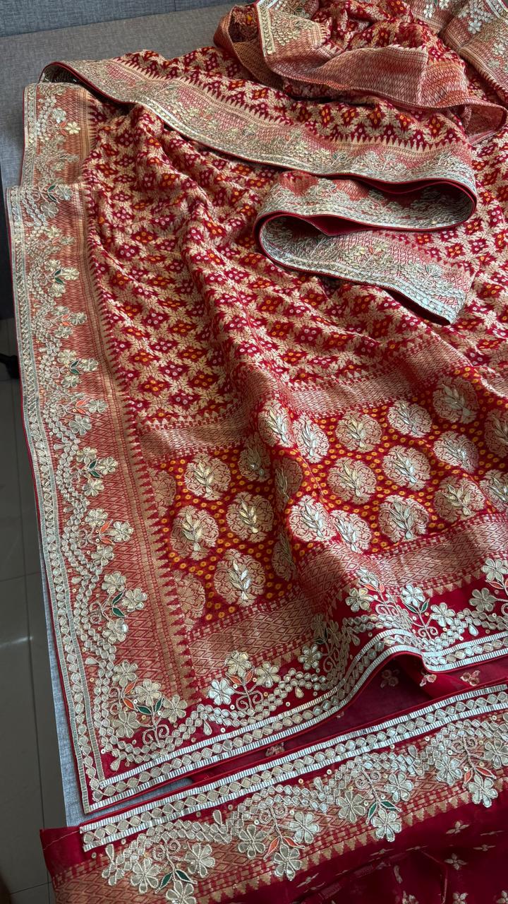 Crimson Red Pure Khaddi Georgette Banarasi Saree with Handcrafted Zardozi Gotapatti Pearl and Sequin Embroidery