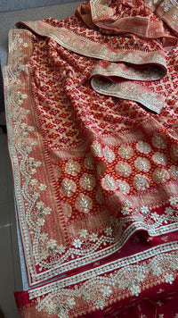 Crimson Red Pure Khaddi Georgette Banarasi Saree with Handcrafted Zardozi Gotapatti Pearl and Sequin Embroidery
