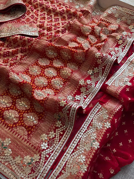 Crimson Red Pure Khaddi Georgette Banarasi Saree with Handcrafted Zardozi Gotapatti Pearl and Sequin Embroidery