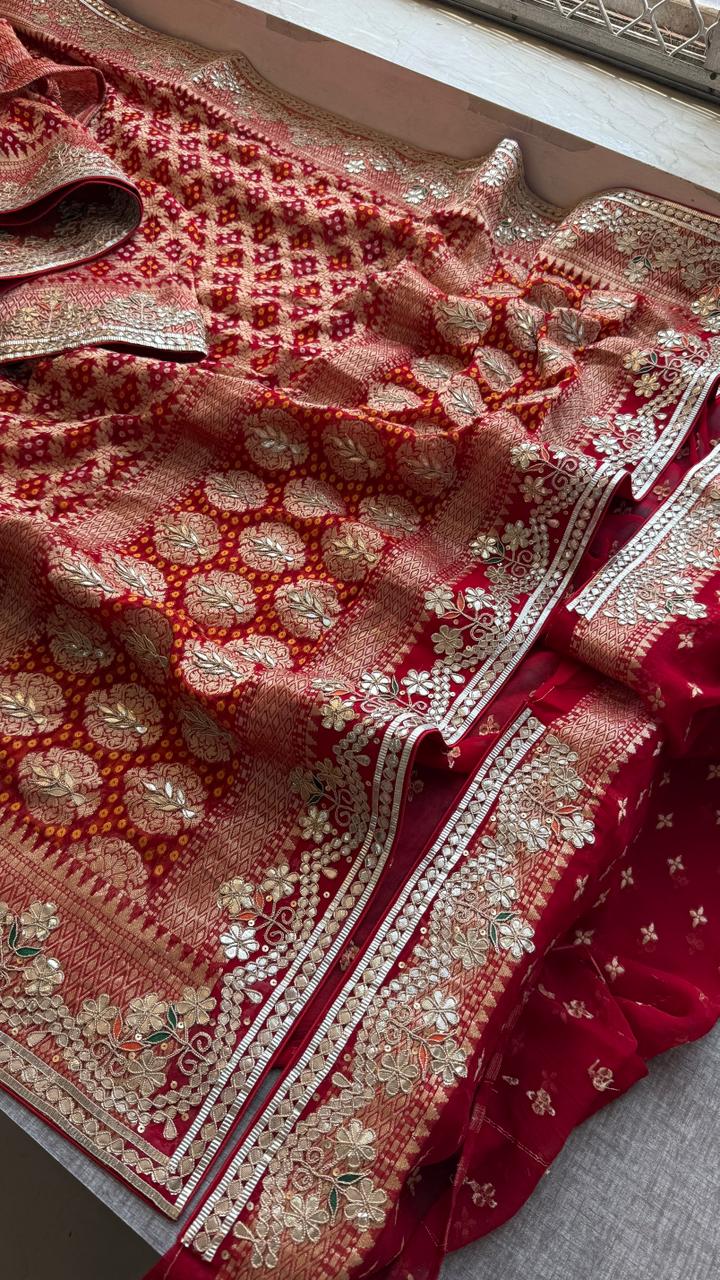 Crimson Red Pure Khaddi Georgette Banarasi Saree with Handcrafted Zardozi Gotapatti Pearl and Sequin Embroidery