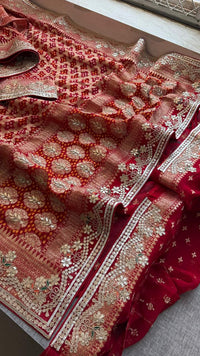Crimson Red Pure Khaddi Georgette Banarasi Saree with Handcrafted Zardozi Gotapatti Pearl and Sequin Embroidery