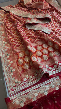 Crimson Red Pure Khaddi Georgette Banarasi Saree with Handcrafted Zardozi Gotapatti Pearl and Sequin Embroidery