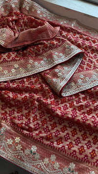 Crimson Red Pure Khaddi Georgette Banarasi Saree with Handcrafted Zardozi Gotapatti Pearl and Sequin Embroidery