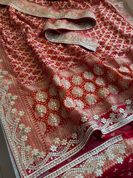 Crimson Red Pure Khaddi Georgette Banarasi Saree with Handcrafted Zardozi Gotapatti Pearl and Sequin Embroidery