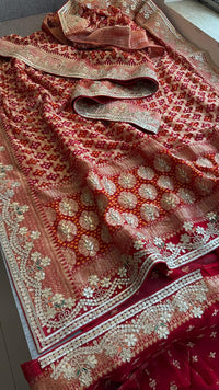 Crimson Red Pure Khaddi Georgette Banarasi Saree with Handcrafted Zardozi Gotapatti Pearl and Sequin Embroidery