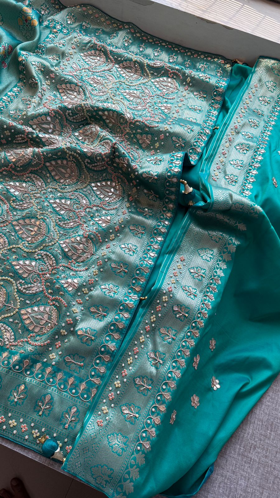 Aqua Teal Pure Soft Munga Silk Meena Banarasi Saree with Handcrafted Zardozi Gotapatti Pearl and Sequin Embroidery