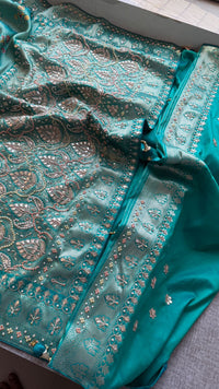 Aqua Teal Pure Soft Munga Silk Meena Banarasi Saree with Handcrafted Zardozi Gotapatti Pearl and Sequin Embroidery