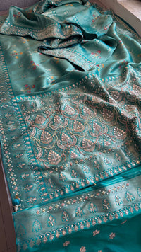 Aqua Teal Pure Soft Munga Silk Meena Banarasi Saree with Handcrafted Zardozi Gotapatti Pearl and Sequin Embroidery