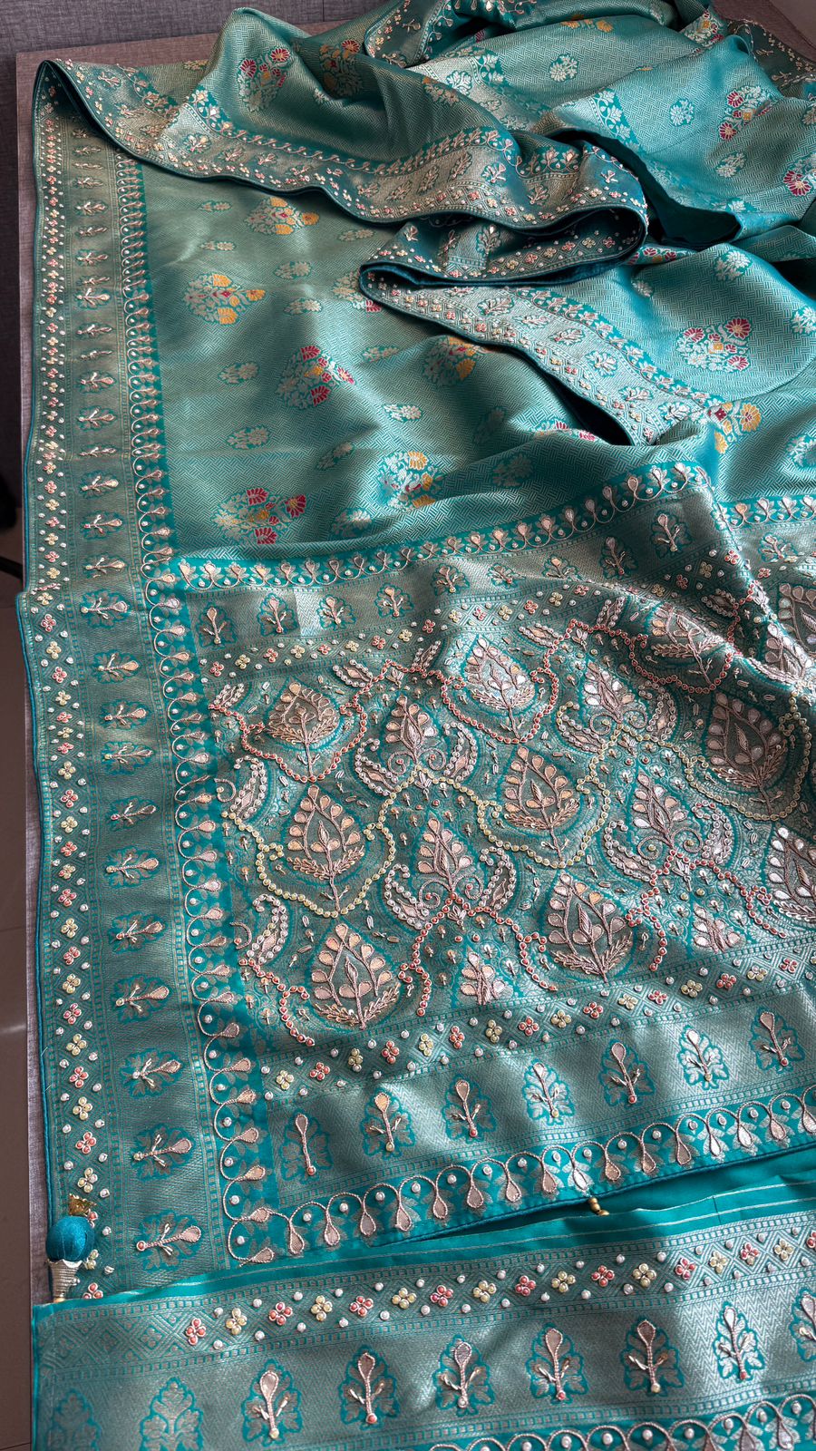Aqua Teal Pure Soft Munga Silk Meena Banarasi Saree with Handcrafted Zardozi Gotapatti Pearl and Sequin Embroidery