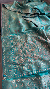 Aqua Teal Pure Soft Munga Silk Meena Banarasi Saree with Handcrafted Zardozi Gotapatti Pearl and Sequin Embroidery