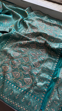 Aqua Teal Pure Soft Munga Silk Meena Banarasi Saree with Handcrafted Zardozi Gotapatti Pearl and Sequin Embroidery