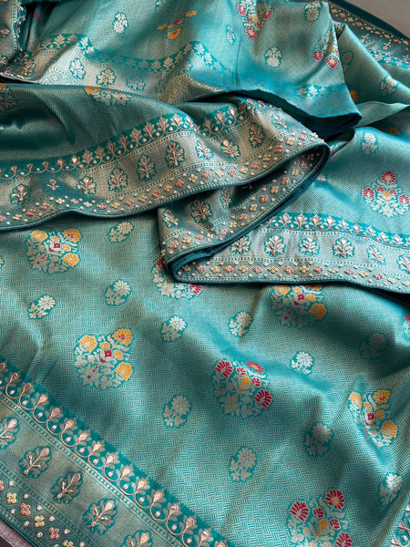 Aqua Teal Pure Soft Munga Silk Meena Banarasi Saree with Handcrafted Zardozi Gotapatti Pearl and Sequin Embroidery