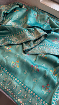 Aqua Teal Pure Soft Munga Silk Meena Banarasi Saree with Handcrafted Zardozi Gotapatti Pearl and Sequin Embroidery