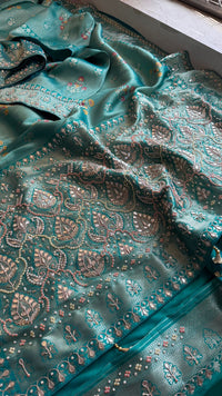 Aqua Teal Pure Soft Munga Silk Meena Banarasi Saree with Handcrafted Zardozi Gotapatti Pearl and Sequin Embroidery