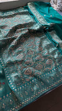 Aqua Teal Pure Soft Munga Silk Meena Banarasi Saree with Handcrafted Zardozi Gotapatti Pearl and Sequin Embroidery