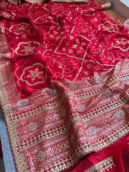 Red Pure Munga Silk Banarasi Saree with Handcrafted Gotapatti Zardozi and Pearl Detailing