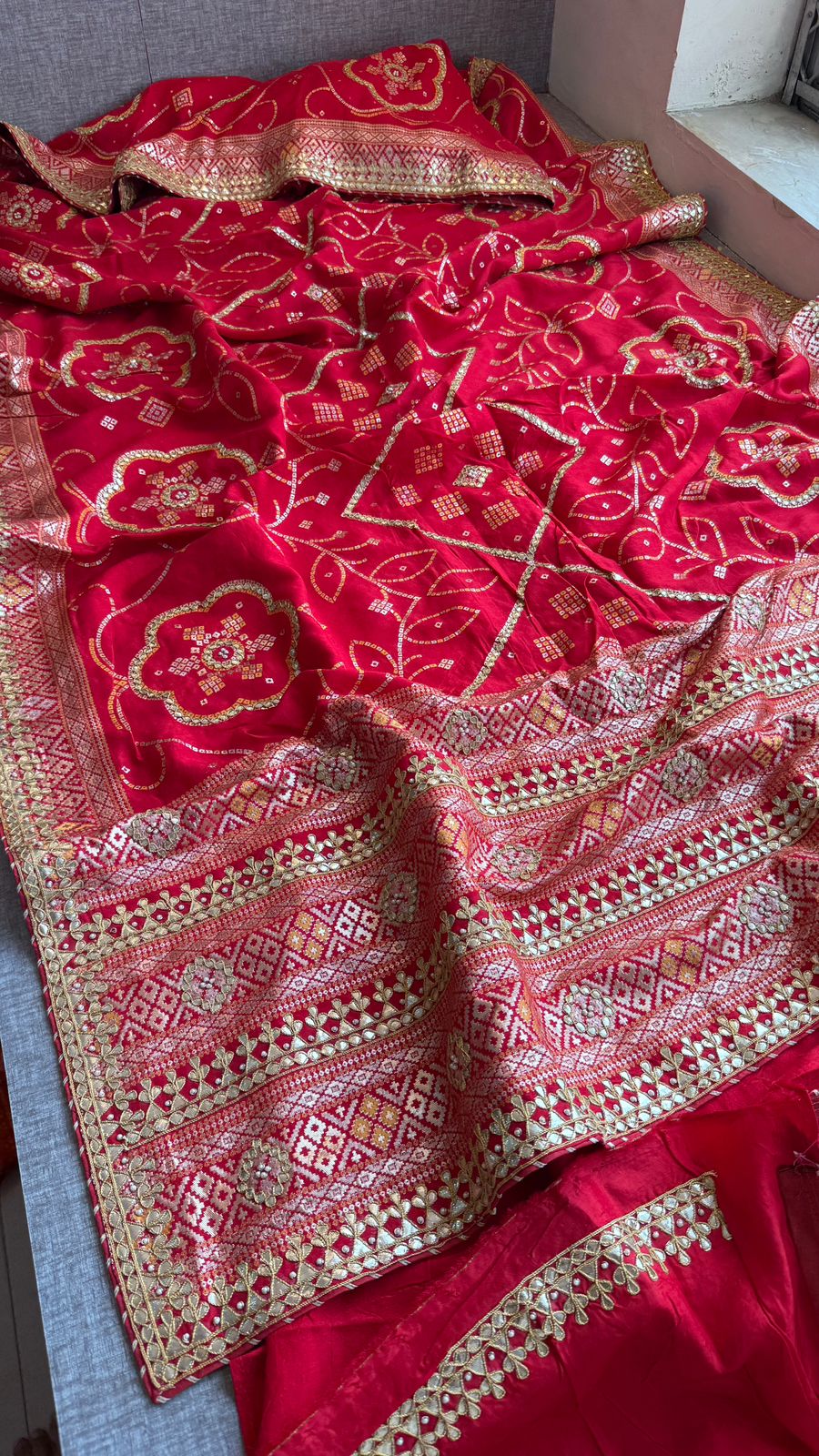 Red Pure Munga Silk Banarasi Saree with Handcrafted Gotapatti Zardozi and Pearl Detailing