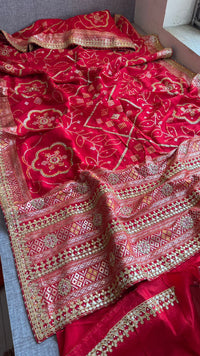 Red Pure Munga Silk Banarasi Saree with Handcrafted Gotapatti Zardozi and Pearl Detailing