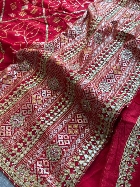 Red Pure Munga Silk Banarasi Saree with Handcrafted Gotapatti Zardozi and Pearl Detailing