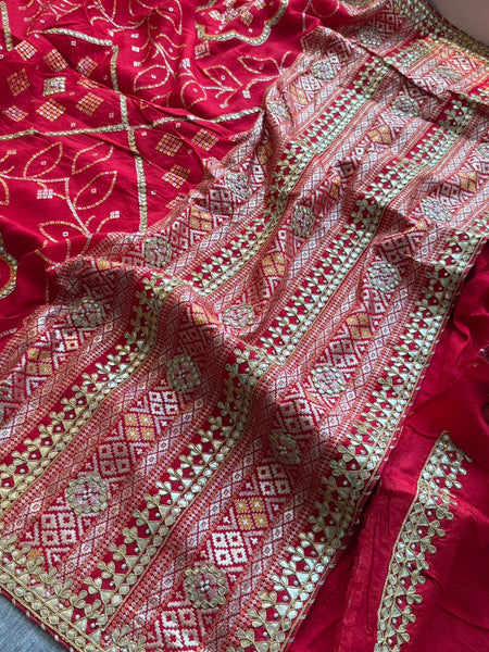 Red Pure Munga Silk Banarasi Saree with Handcrafted Gotapatti Zardozi and Pearl Detailing