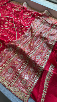 Red Pure Munga Silk Banarasi Saree with Handcrafted Gotapatti Zardozi and Pearl Detailing