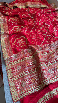 Red Pure Munga Silk Banarasi Saree with Handcrafted Gotapatti Zardozi and Pearl Detailing