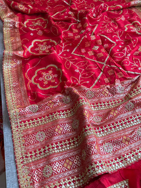 Red Pure Munga Silk Banarasi Saree with Handcrafted Gotapatti Zardozi and Pearl Detailing
