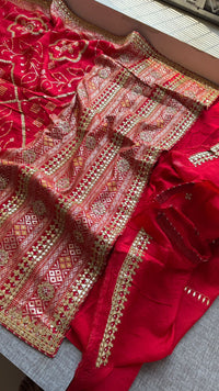 Red Pure Munga Silk Banarasi Saree with Handcrafted Gotapatti Zardozi and Pearl Detailing