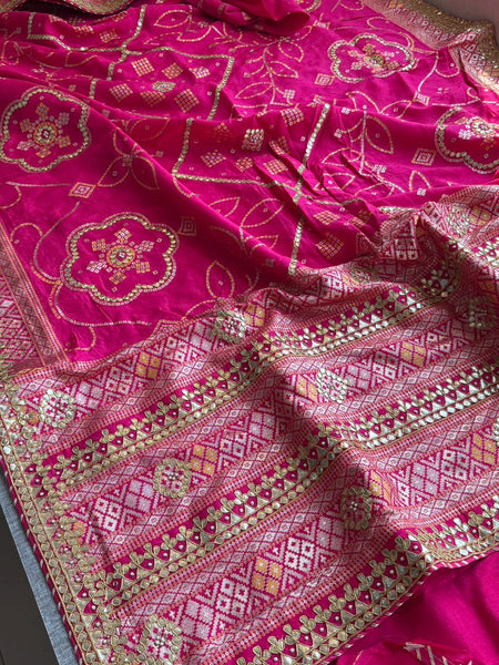 Fuscia Pink Pure Munga Silk Banarasi Saree with Handcrafted Gotapatti Zardozi and Pearl Detailing