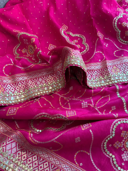 Fuscia Pink Pure Munga Silk Banarasi Saree with Handcrafted Gotapatti Zardozi and Pearl Detailing