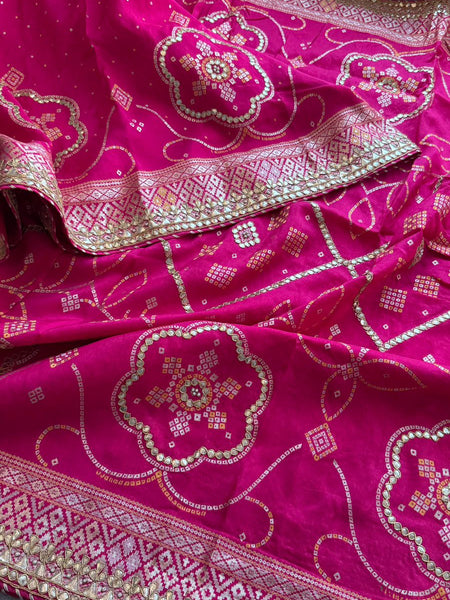 Fuscia Pink Pure Munga Silk Banarasi Saree with Handcrafted Gotapatti Zardozi and Pearl Detailing
