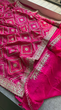 Majestic Pink Pure Munga Silk Banarasi Saree with Handcrafted Gotapatti Zardozi and Pearl Detailing