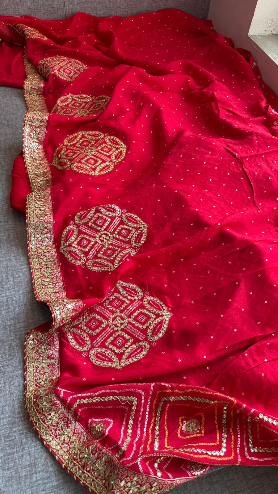 Classic Red Pure Munga Silk Banarasi Saree with Handcrafted Gotapatti Zardozi and Pearl Detailing